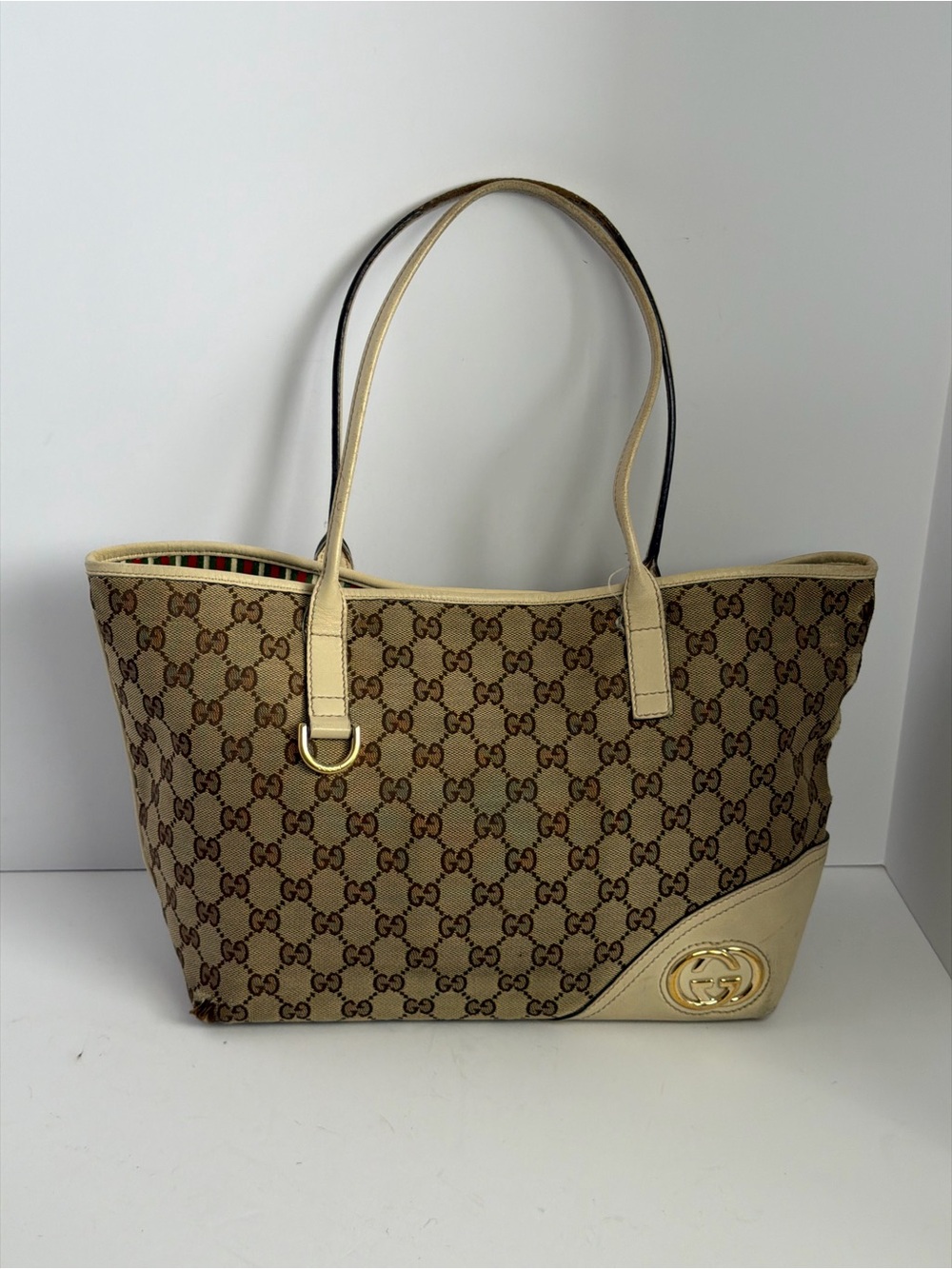 Gucci New Britt Beige Leather GG Monogram Canvas Tote Bag